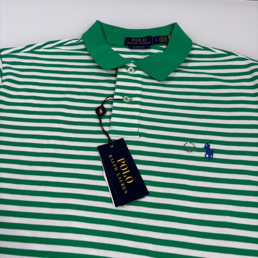 Polo Ralph Lauren Mens L Green White Striped Polo Shirt New Classic Fit NEW